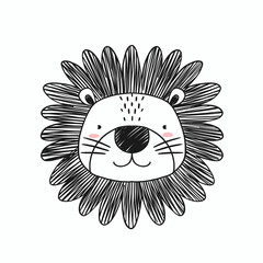 Beautiful hand drawn stock illustration with cute lion face. Simple pencil drawing. Cute baby print. Animal lion clip art portrait.