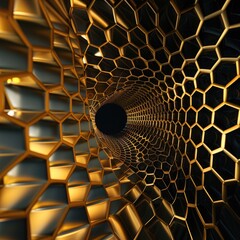 3D golden honeycomb pattern emerging from a deep black void