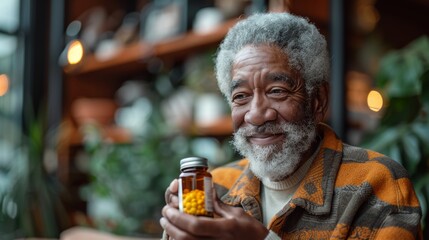 Senior man pouring pills from bottle into hand indoors