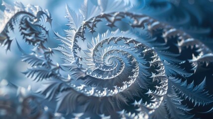 Frost patterns forming spirals on a cold window in winter