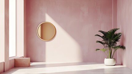 Minimal wall in soft pink with one circular gold mirror