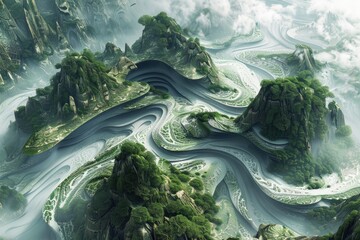 Surreal 3D landscape of bending rivers and floating mountains