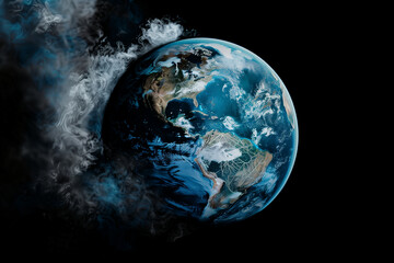 A digital illustration of Earth with visible distress signs like cracks and steam emanating from oceans, representing "global boiling", generative ai