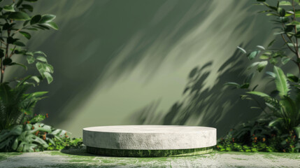 A stone podium for product presentation is placed on a green background, creating a minimalist scene with nature.