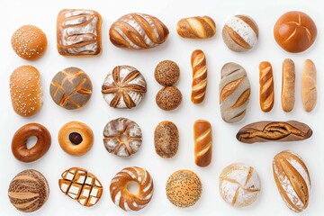 various kinds of appetizing bread scattered arrangement, white background photo 