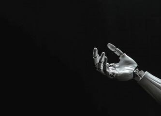 A robot hand reaches out to a human's palm against a black background, symbolizing the future of AI and machine learning technology.