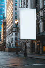 Obraz premium A blank white billboard is mounted on the wall of an outdoor city street, surrounded by tall buildings, in a minimalist style.