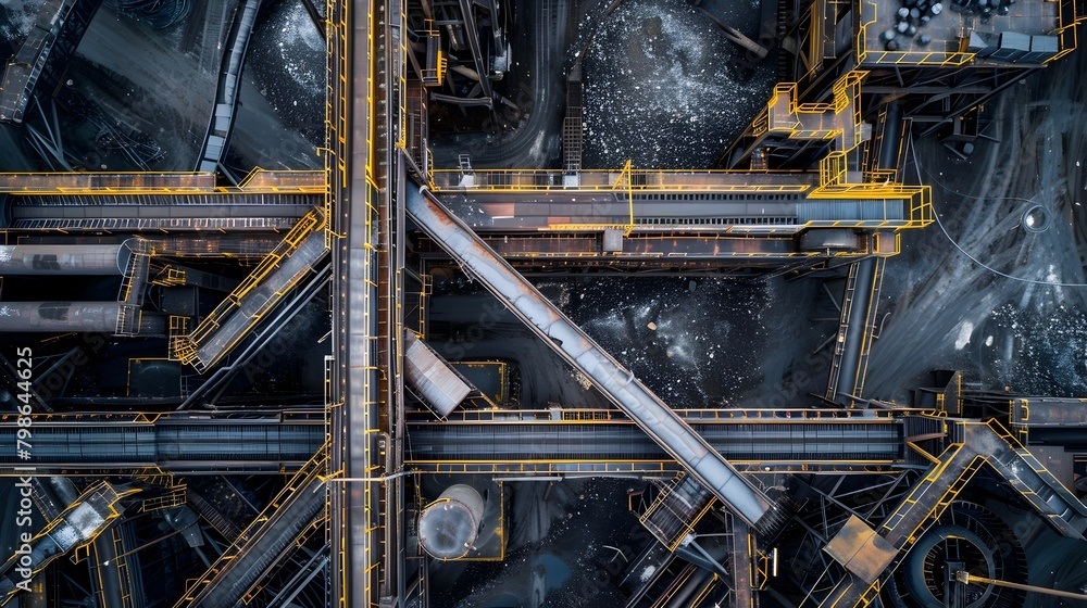 Poster aerial view of complex coal conveyor system with intricate network of belts and rollers