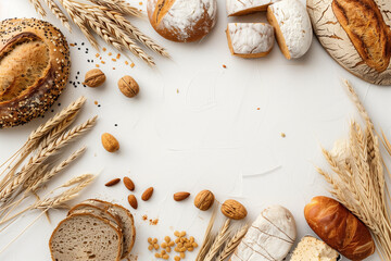 A white background with a variety of breads and nuts