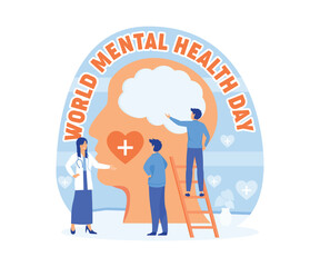 Mental health medical treatment. specialist doctor work together to give psychology love therapy for world mental health day concept poster background. flat vector modern illustration