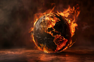 An artistic interpretation of "global boiling" with a globe wrapped in flames, set against a dark, ominous background. The globe shows realistic continents and oceans under fire, generative ai