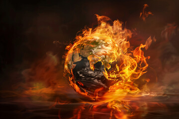 An artistic interpretation of "global boiling" with a globe wrapped in flames, set against a dark, ominous background. The globe shows realistic continents and oceans under fire, generative ai