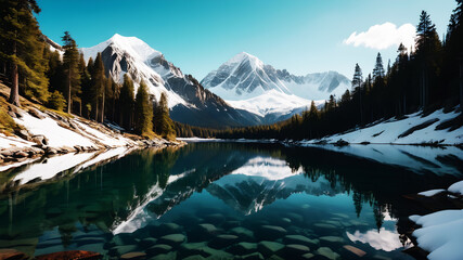 A breathtaking view of a snow-capped mountain reflected in a crystal-clear alpine lake, surrounded by pine forests and rugged cliffs