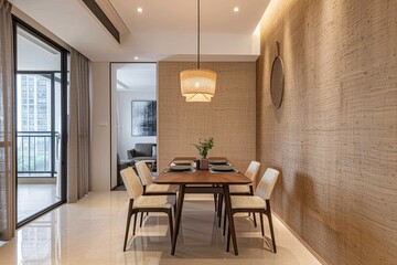 Modern Chic: Apartment Dining Area with Minimalist Style on Textured Beige Walls