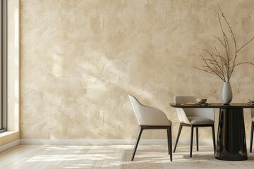 Modern Minimalist Apartment Dining Room: Beige Textured Wall, Black Dining Set Design