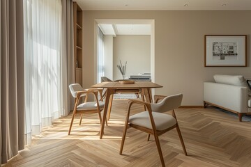 Naklejka na ściany i meble Modern Minimalist Apartment Dining Room: Wooden Herringbone Floor Design with Panoramic View of Stylish Chair and Bright Table