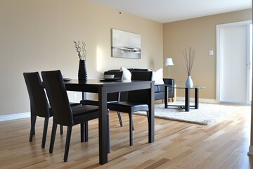 Fototapeta premium Modern Black Furniture Dining Room with Wooden Floor Panorama