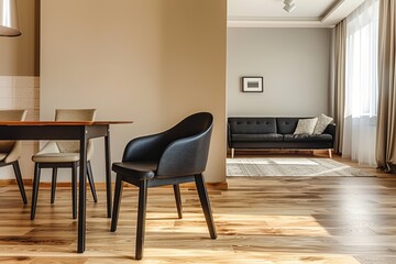 Modern Apartment Dining Room: Black Furniture & Wooden Floor Design with Luxurious Chairs
