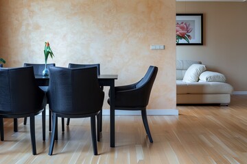Modern Apartment Dining Room: Black Furniture & Wooden Floor Design