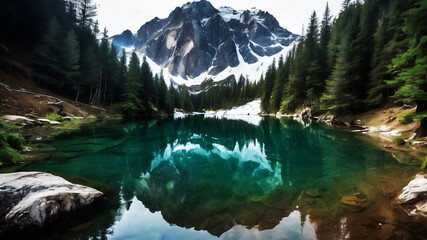 A breathtaking view of a snow-capped mountain reflected in a crystal-clear alpine lake, surrounded...