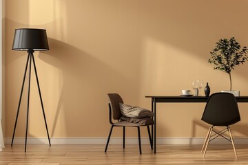 Modern Minimalist Apartment Dining Room with Wooden Floor, Black Furniture, Cozy Chair, and Stylish Lamp on Beige Wall Panorama