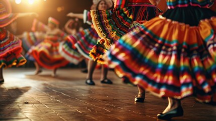 A dynamic shot of dancers performing traditional Mexican folk dances for Cinco de Mayo. 