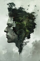 A surreal artwork where a human head silhouette merges with a dense forest, under a sky that seems to drip into oblivion.
