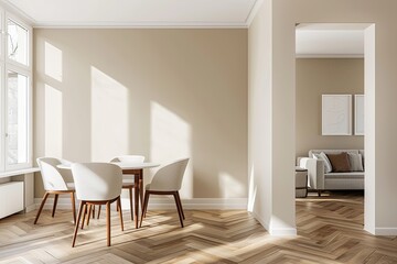 Modern Stylish Minimalist Dining Room with Herringbone Floor and Luxurious Chair