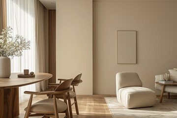 Fototapeta na wymiar Modern Cozy Apartment with Dining Room: Warm Minimalist Interior Design featuring Wooden Accents and Luxurious Chair in Bright, Stylish Ambiance
