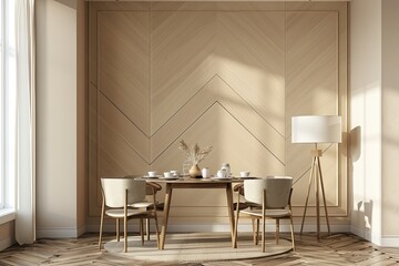 Modern Dining Room with Beige Wall and Wooden Herringbone Design: Stylish Panoramic Living Space with Bright, Warm Lamp