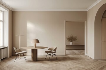 Modern Dining Room Interior: Minimalist Style with Herringbone Floor, Table, Chairs, & Stylish Lamp