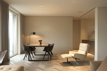 Modern Dining Room Interior Design: Stylish Minimalist Apartment with Herringbone Floor