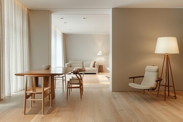 Naklejka na ściany i meble Modern Minimalist Apartment: Dining Room with Wooden Flooring and Stylish Interior Design Elements