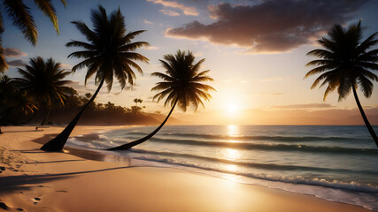 A breathtaking sunset over a tranquil beach, with golden light reflecting off the calm waves and silhouetting palm trees