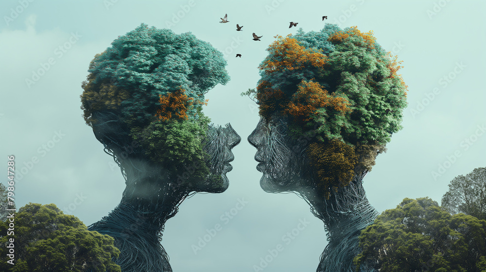 Poster concept of communication and communicating a message as two head shaped trees with birds flying as a