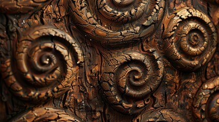 Intricate wood carvings swirl in detailed artistry