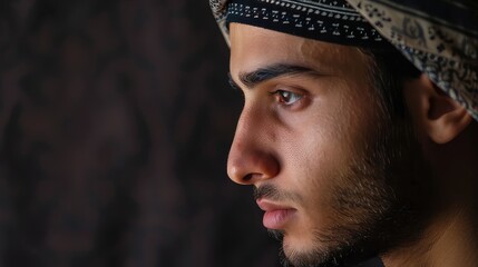 Obraz premium A close-up of a young Muslim man wearing a kufi cap, looking contemplative.
