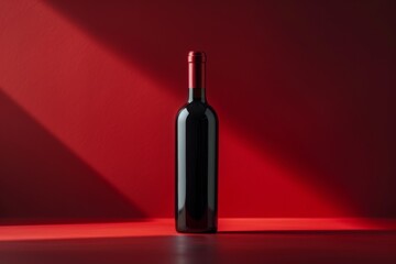 Elegant Red Wine Bottle on Vibrant Red Background with Dramatic Lighting