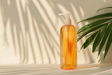 Fototapeta premium Sunlit Amber Soap Dispenser with Tropical Leaf Shadows