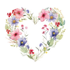 A watercolor painting of a heart-shaped wreath made of various flowers and greenery.