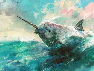 Hyper-realistic narwhal emerging from a bleached sea, mystery in its gaze, trunk shot for intensity. Low noise, no overlay., October mist, sand, orange, and black - obrazy, fototapety, plakaty