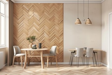 Modern Apartment Dining Area with Beige Herringbone Wall, Stylish Table, and Cozy Decor Panorama