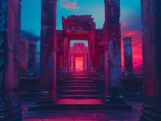 In the heart of mystical shadows, a wanderer interprets ancient symbols amidst Thai temples, revealing stories untold. POV captures the fusion of past and abstract visions., Strawberry pink, neon blue - obrazy, fototapety, plakaty