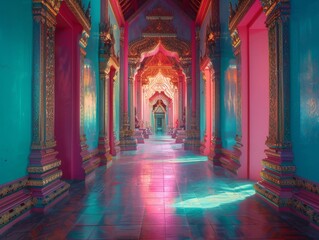 In the heart of mystical shadows, a wanderer interprets ancient symbols amidst Thai temples, revealing stories untold. POV captures the fusion of past and abstract visions., Strawberry pink, neon blue