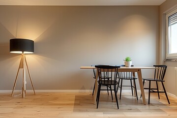 Minimalist Dining Room in Cozy Apartment with Wooden Flooring, Black Chairs, Table, and Stylish Lamp