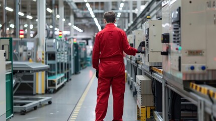 A factory operator in red overalls supervising a production line enhanced with AI technology