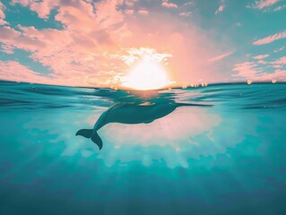 Under a bleached sky, a narwhal's silhouette pierces the surface in a hyperrealistic portrayal, wrapped in mystery. Seen from a trunk shot, this image fuses modern with the mystical, Sky blue, rose, f