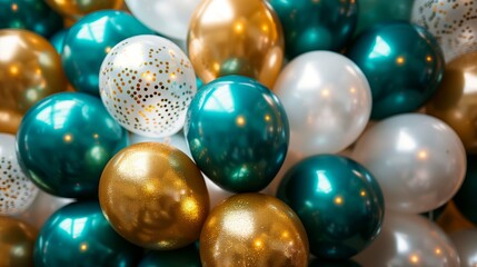 Happy birthday background with balloons in green, white, and gold themes. banner, celebration, greeting card, background.