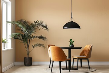 Stylish Modern Dining Room with Black Pendant Lamp, Large Plant, Tables, and Chairs in Elegant Apartment Setting