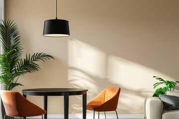 Stylish Modern Dining Room with Black Pendant Lamp, Large Plant, and Luxurious Accents